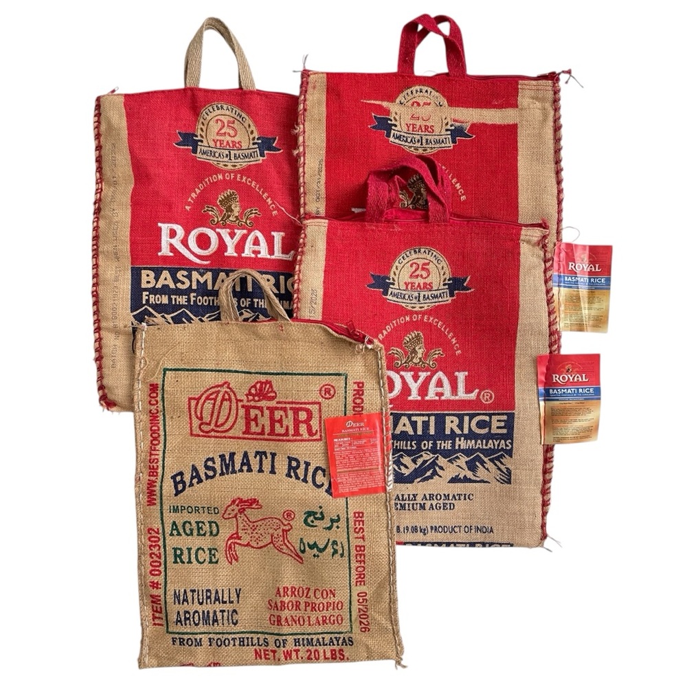 5 Empty Burlap Jute Canvas ROYAL and DEER Basmati Rice Bags